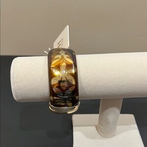 Haute Hippie | Brown & Gold w/ Subtle Floral Accents Bangle Bracelet